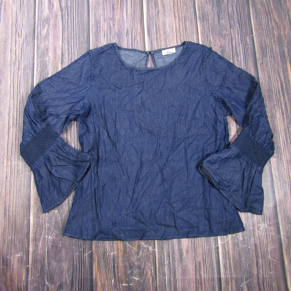 C Womens Small Blue Chambray Bell Sleeve Blouse Top Long Sleeve Pullover Casual